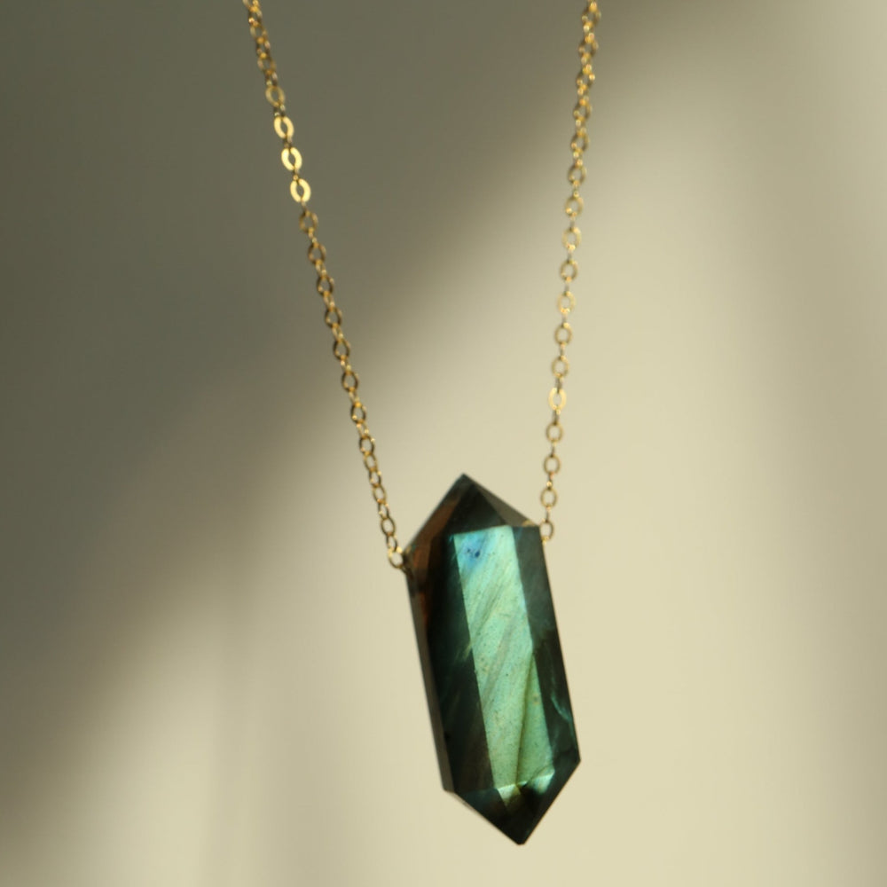 natural labradorite double terminated wand shape pendant with 14K gold filled chain necklace