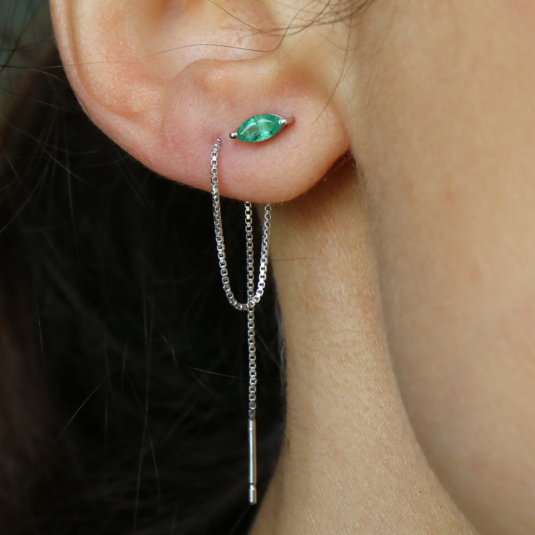 natural zambian green emerald marquise cut sterling silver chain threader earrings