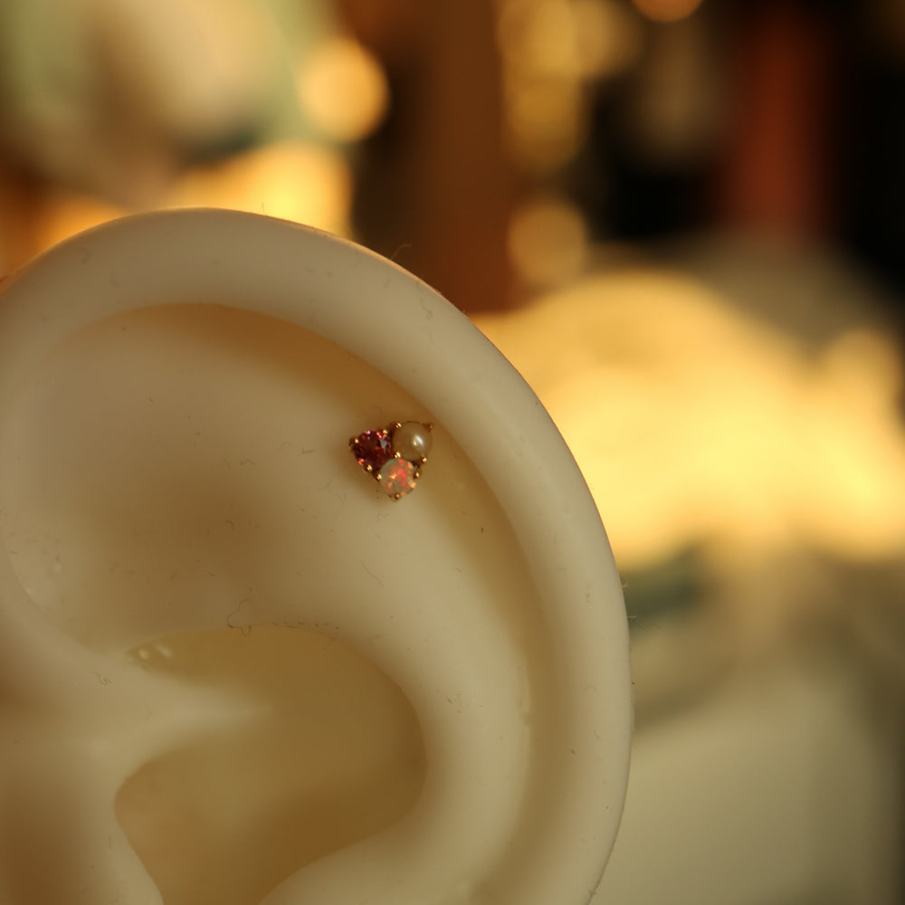 Sterling silver  14K gold vermeil labret stud earrings with pink tourmaline, Ethiopian opal, and freshwater pearl, perfect for cartilage, helix, and conch piercings