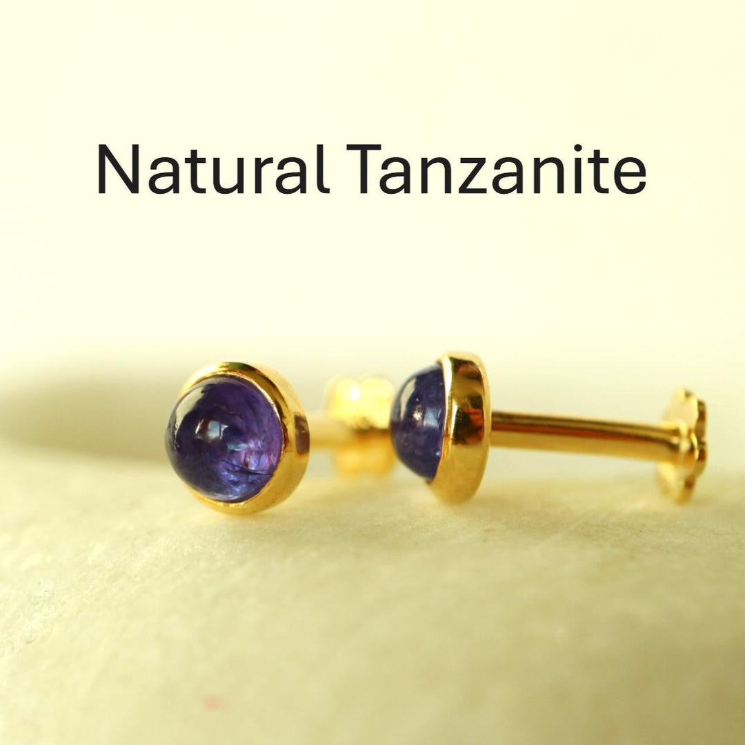 natural tanzanite cabochon labret stud earrings gold vermeil internally threaded