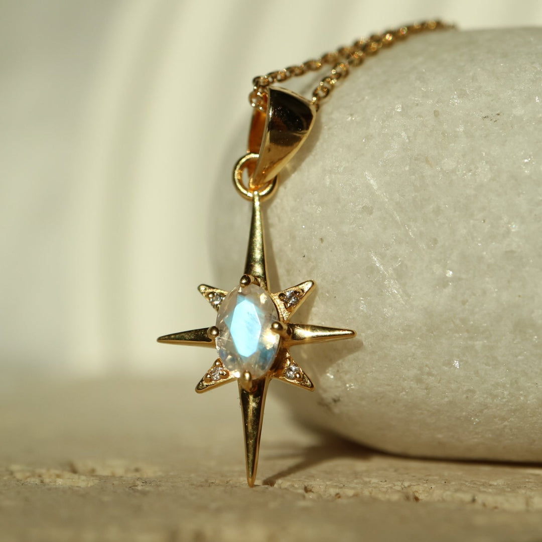 North Star Rainbow Moonstone Necklace with a luminous faceted moonstone (6x4 mm) and sparkling zircons. Crafted in 925 sterling silver or 14K gold vermeil with adjustable chain options. Hypoallergenic, water-resistant, and perfect for layering or solo wear. Inspired by the "Stone of New Beginnings" for balance and intuition.