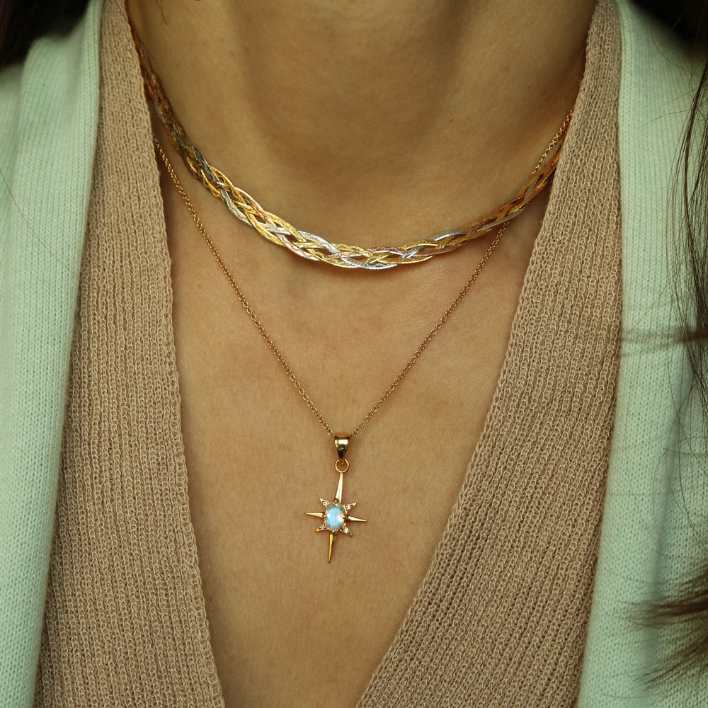 North Star Rainbow Moonstone Necklace with a luminous faceted moonstone (6x4 mm) and sparkling zircons. Crafted in 925 sterling silver or 14K gold vermeil with adjustable chain options. Hypoallergenic, water-resistant, and perfect for layering or solo wear. Inspired by the "Stone of New Beginnings" for balance and intuition.