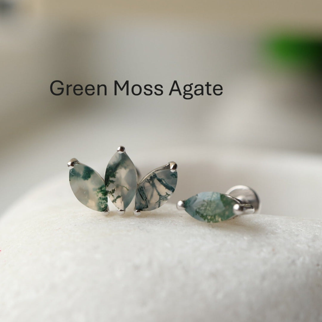 Handcrafted Green Moss Agate cartilage earrings with marquise-cut gemstones set in silver rhodium-plated flat-back studs, perfect for helix, tragus, and lobe piercings