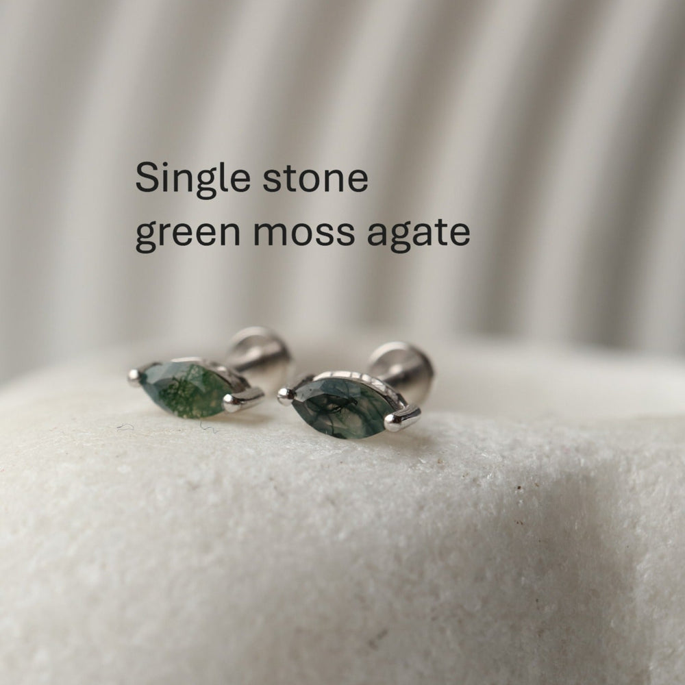Handcrafted Green Moss Agate cartilage earrings with marquise-cut gemstones set in silver rhodium-plated flat-back studs, perfect for helix, tragus, and lobe piercings