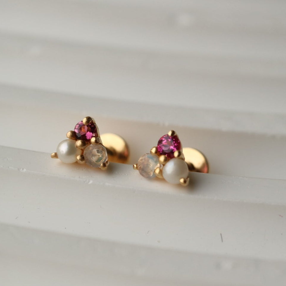 Sterling silver  14K gold vermeil labret stud earrings with pink tourmaline, Ethiopian opal, and freshwater pearl, perfect for cartilage, helix, and conch piercings