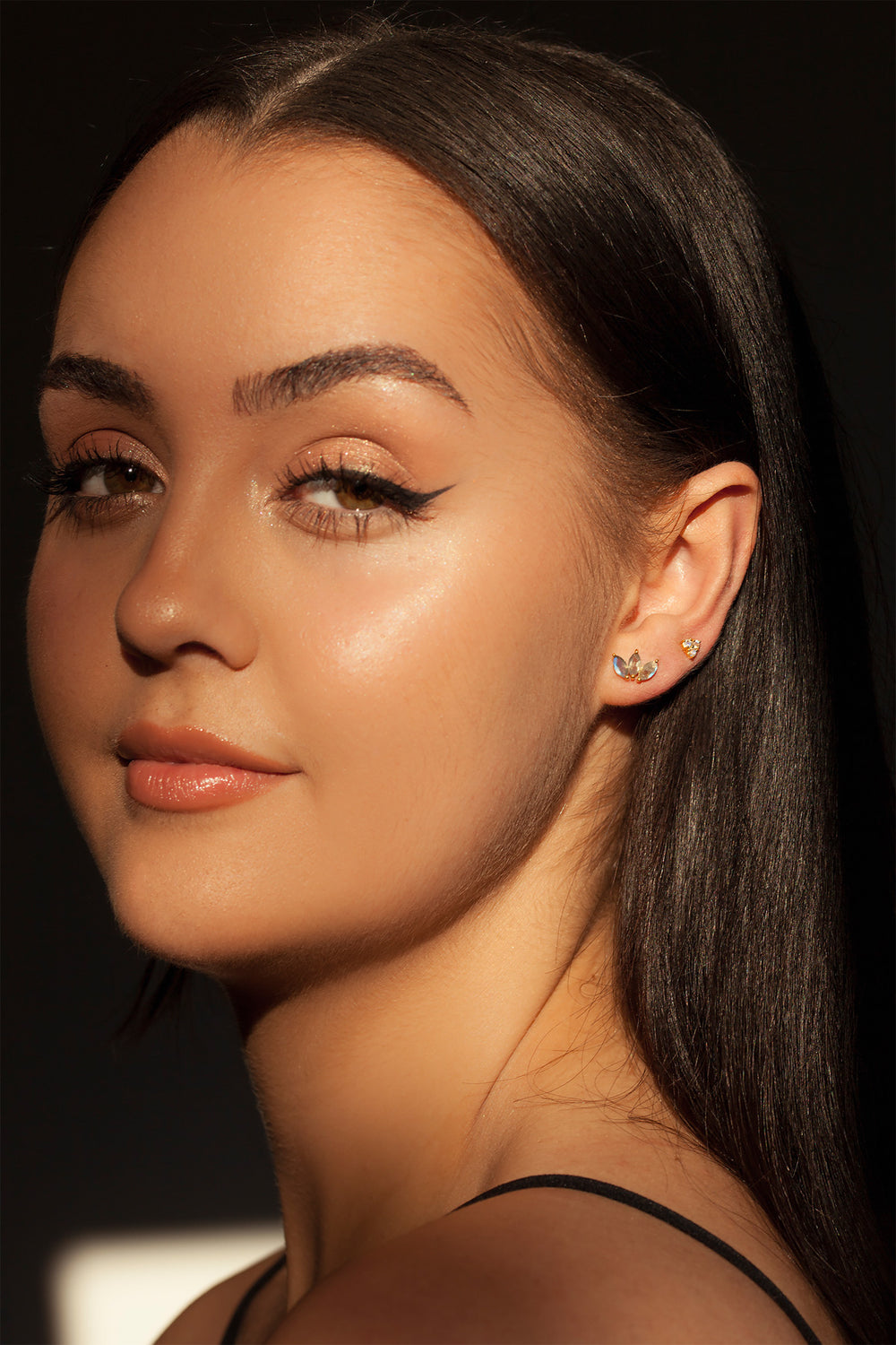 Labradorite Internally Threaded Labret  flat back Gold Stud Earrings for cartilage, helix piercing