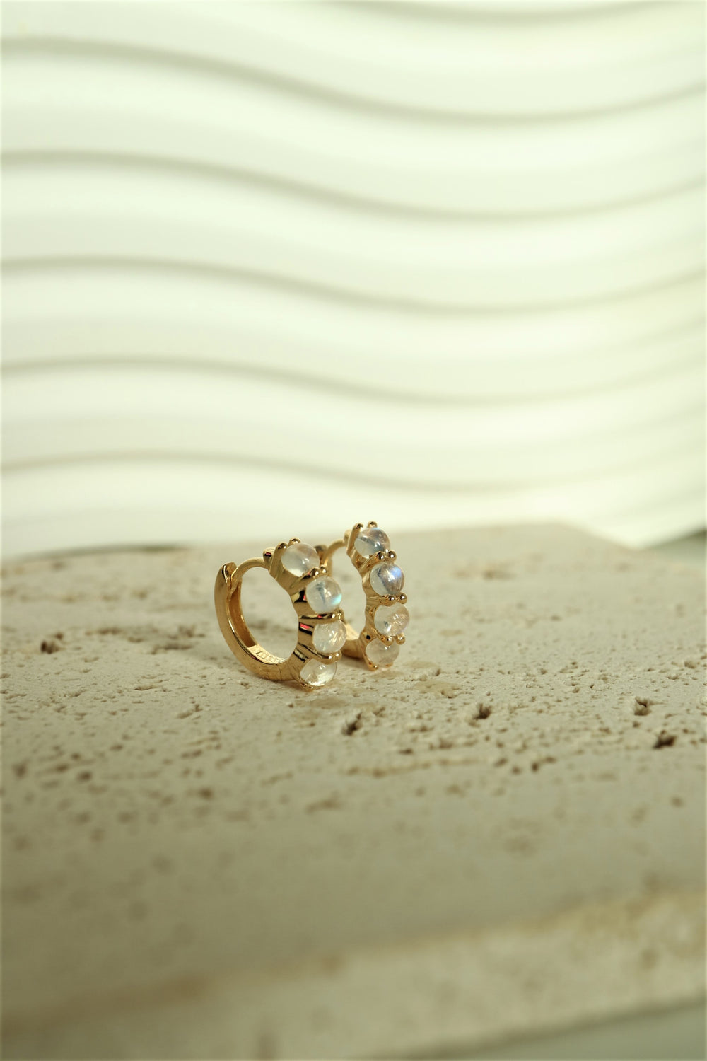 Rainbow Cabochon Moonstone Gold Huggie Earrings