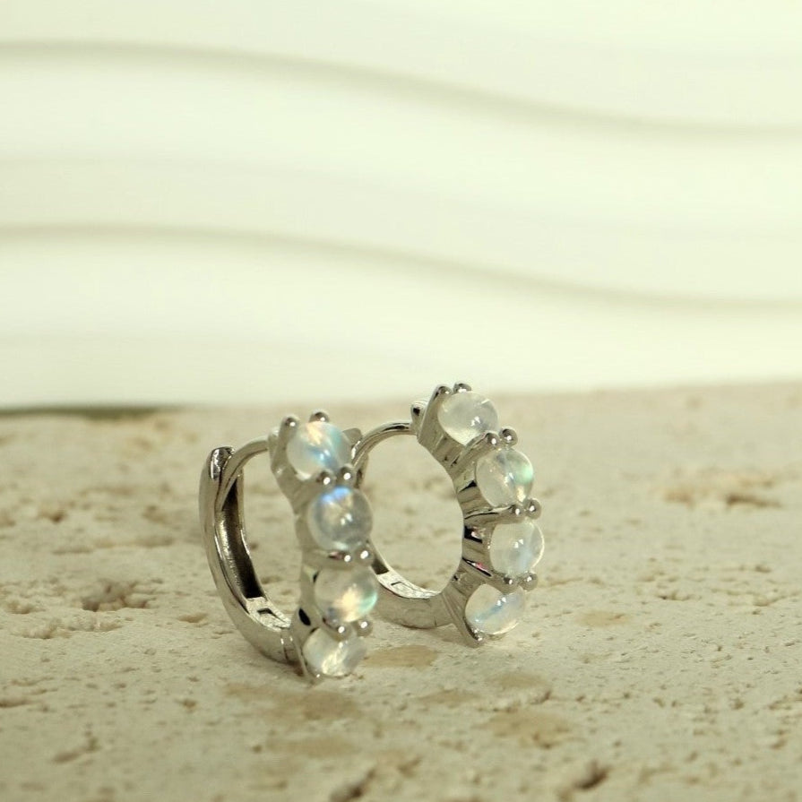 rainbow cabochon moonstone silver huggie hoop earrings