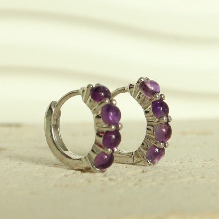 crystal Amethyst Huggie Silver hoops gemstone dainty Earrings
