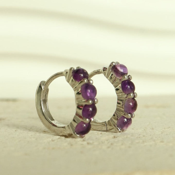 crystal Amethyst Huggie Silver hoops gemstone dainty Earrings