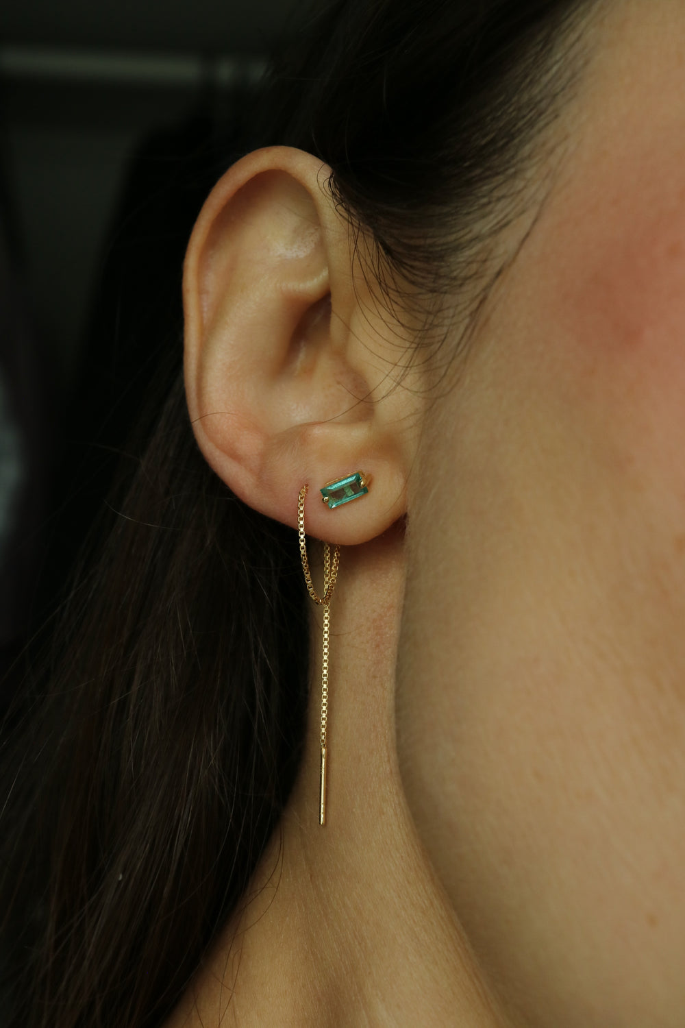 Natural Emerald Threader Chain Silver Cartilage Helix second piercing Earring