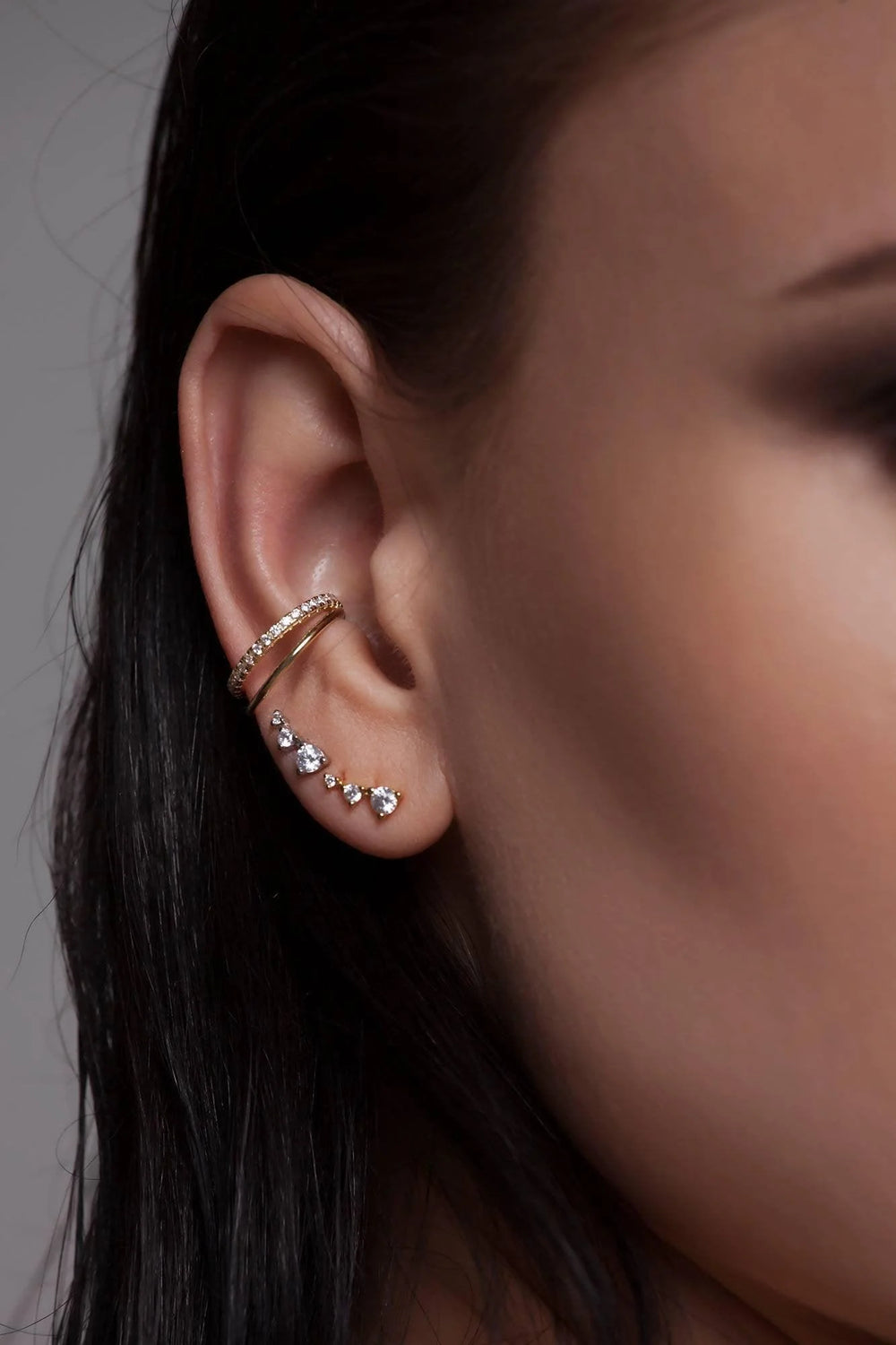 Gradient trio CZ Gold Climber crawler stud  Earrings