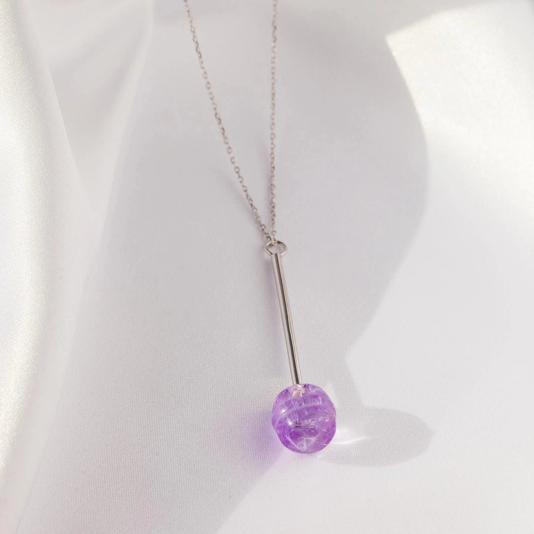 natural amethyst crystal  lollipop silver chain necklace