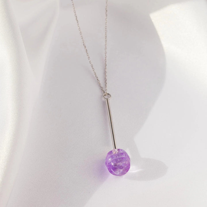 natural amethyst crystal  lollipop silver chain necklace