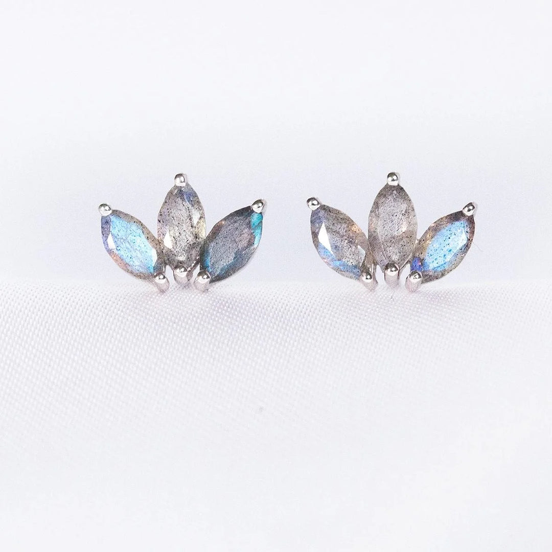 marquise labradorite 3 stones trio leaves silver stud earrings cartilage