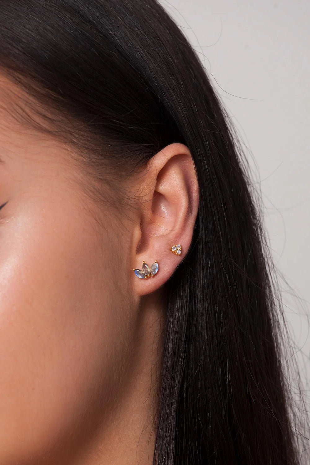 marquise labradorite 3 stones trio leaves silver stud earrings cartilage