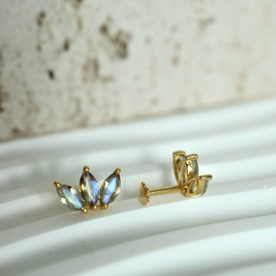 Labradorite Internally Threaded Labret flat back Gold Stud Earrings for cartilage  helix  second piercing
