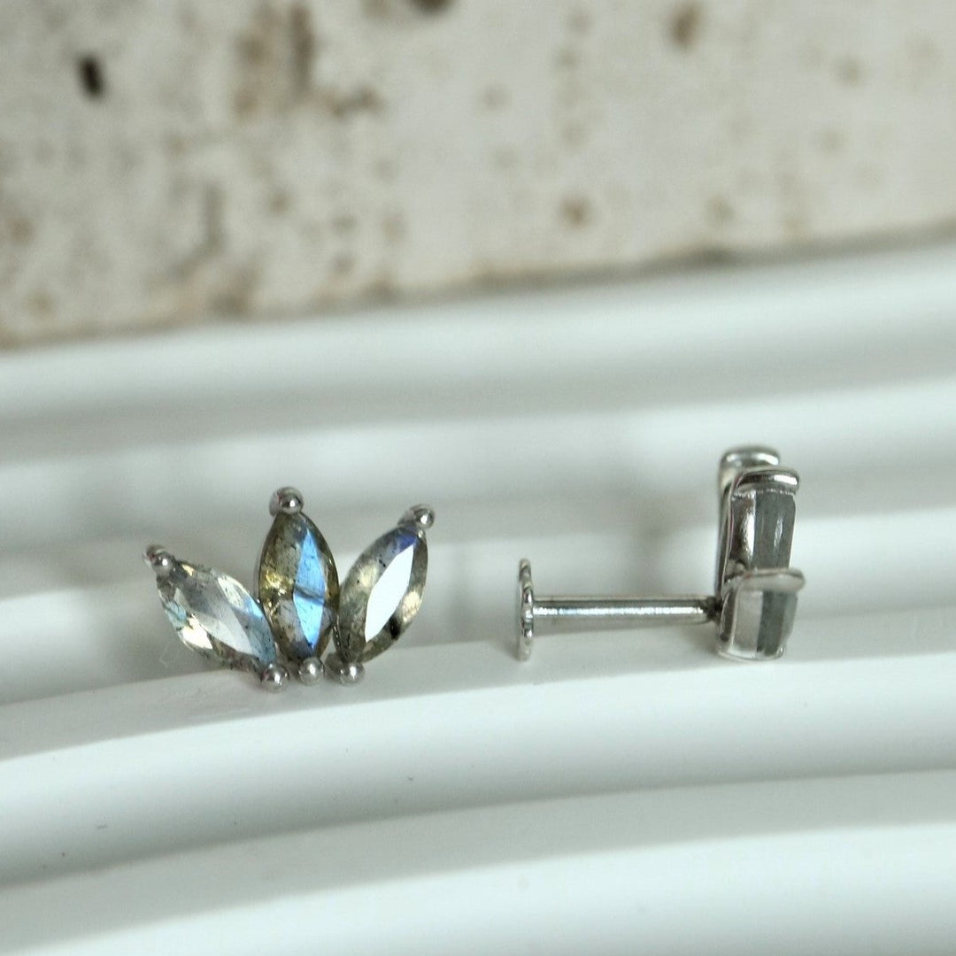Labradorite Internally Threaded Labret flat back Silver Stud Earrings cartilage, helix, second piercing