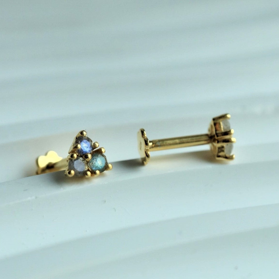 Labradorite Internally Threaded Labret  flat back Gold Stud Earrings for cartilage, helix piercing