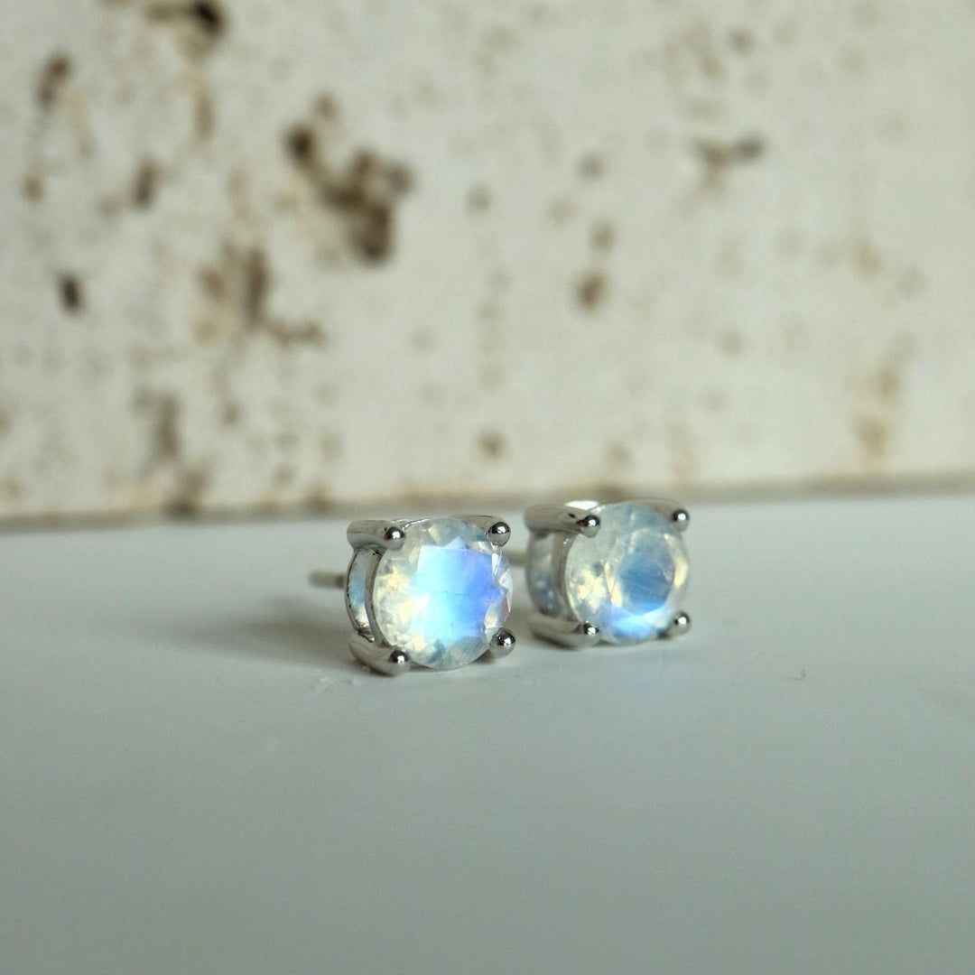 Rainbow moonstone sterling silver stud earrings