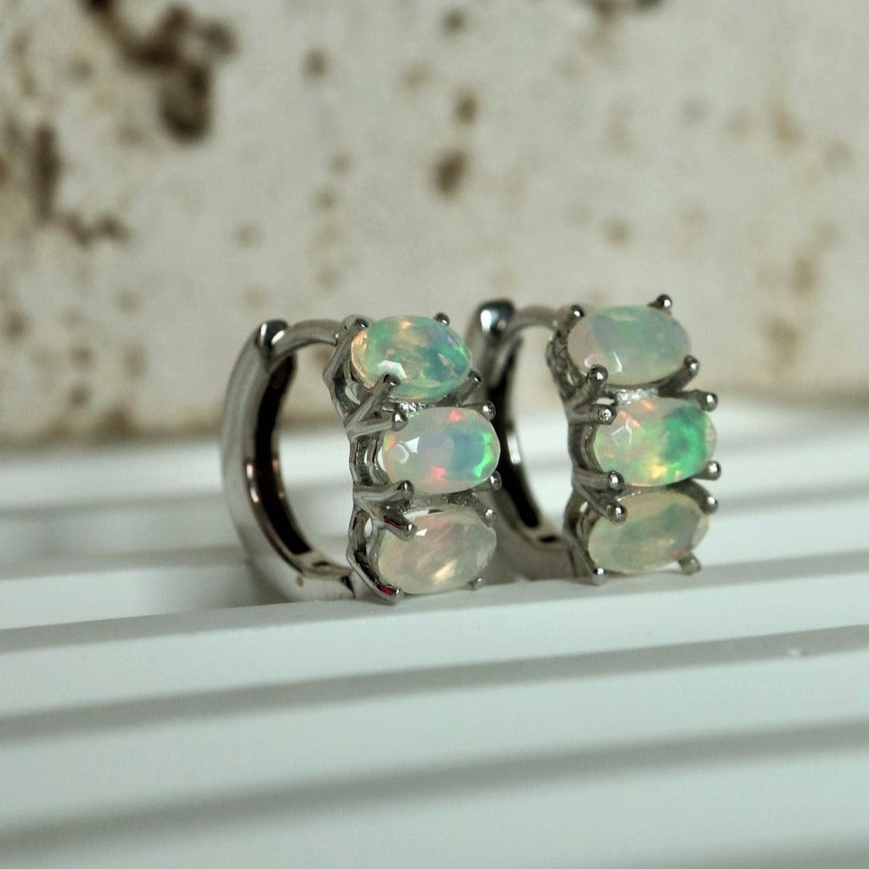 ethiopian opal sterling silver huggie hoop earrings dainty gemstone