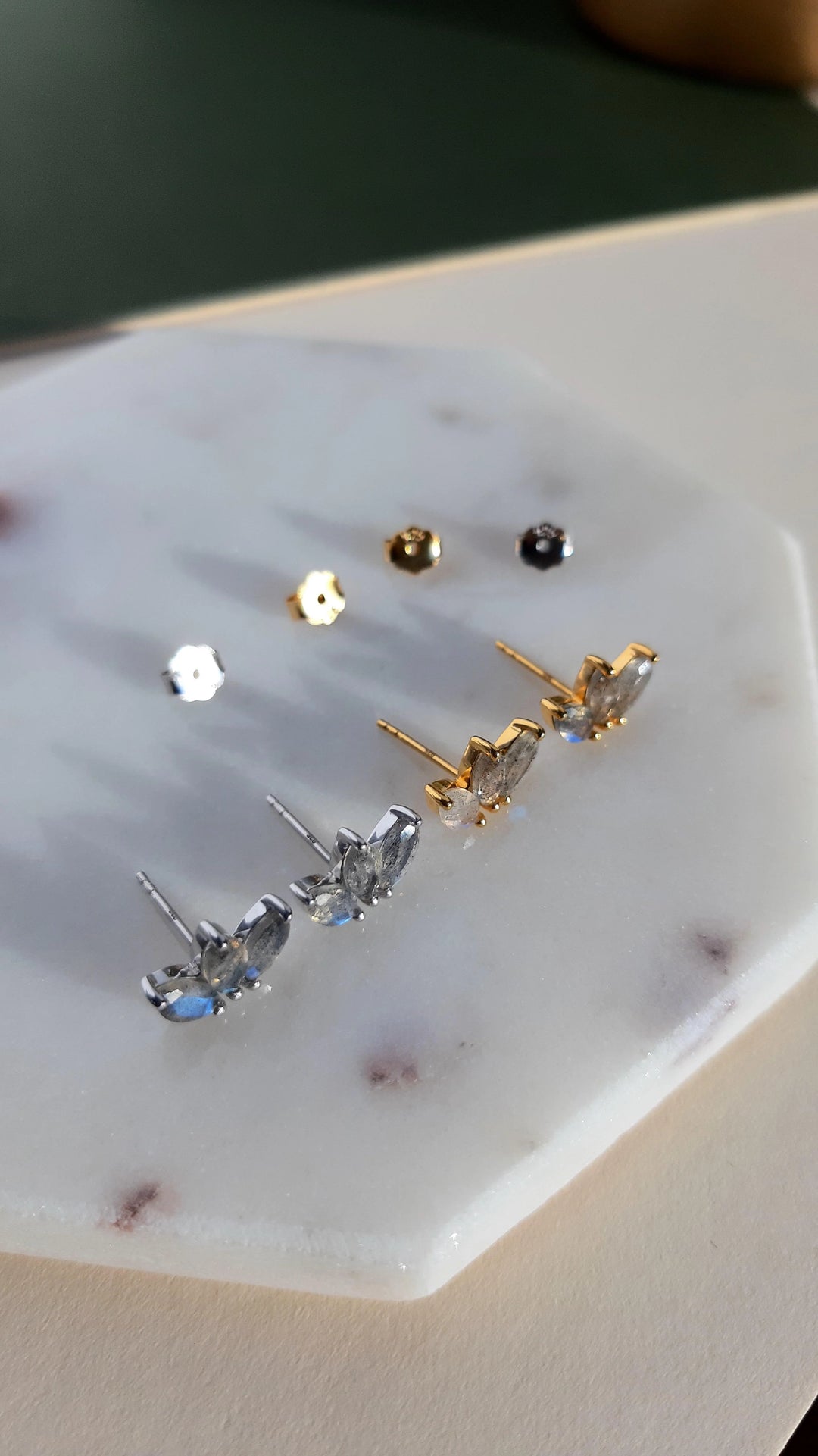 marquise labradorite 3 stones trio leaves silver stud earrings cartilage 