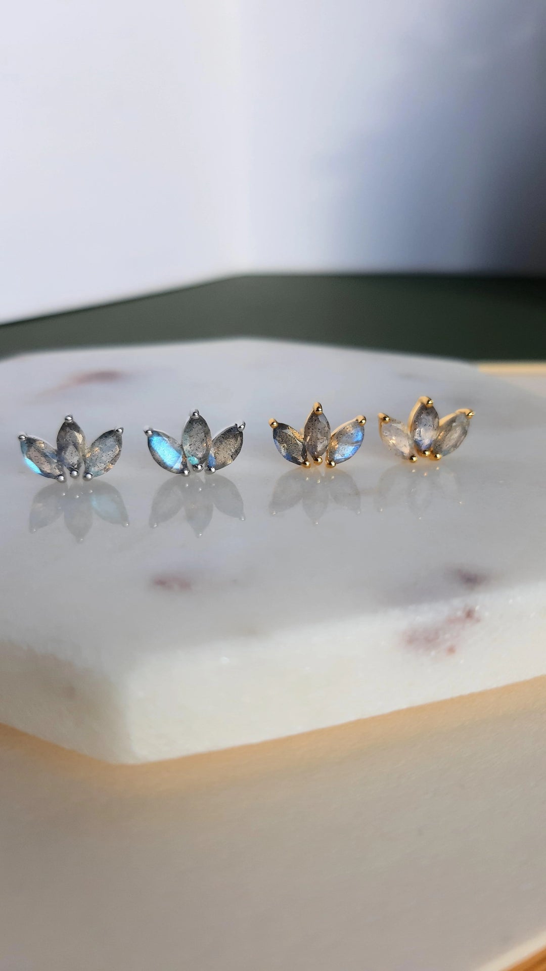 marquise labradorite 3 stones trio leaves silver stud earrings cartilage 