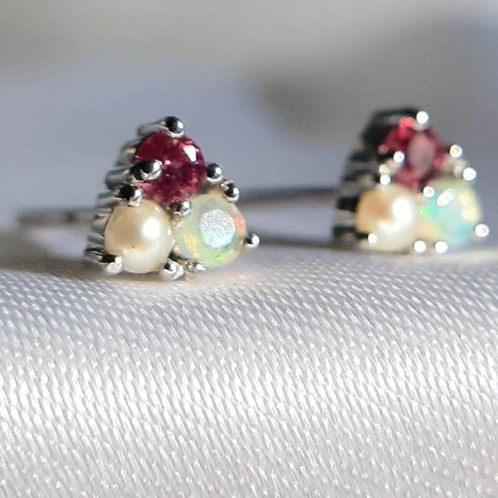 Pink Tourmaline  opal and pearl Trio Silver Stud tiny dainty Earrings