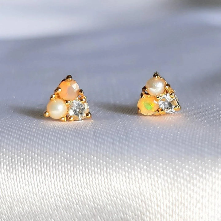 Ethiopian Opal & Aquamarine Trio Gold Earrings