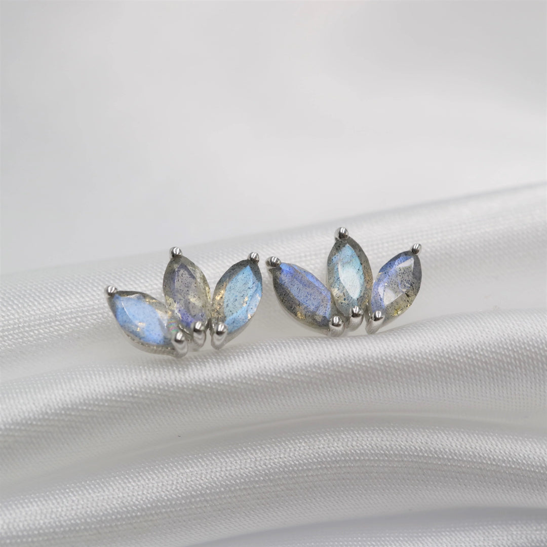 marquise labradorite 3 stones trio leaves silver stud earrings cartilage 