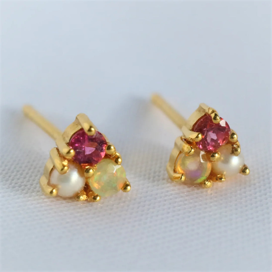 Pink Tourmaline Dainty Trio Gold Earrings