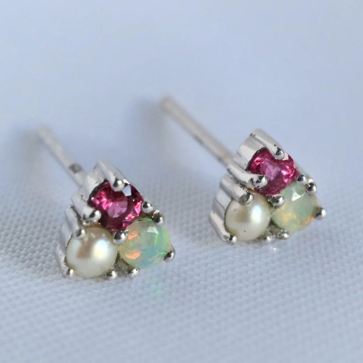 Pink Tourmaline  opal and pearl Trio Silver Stud tiny dainty Earrings