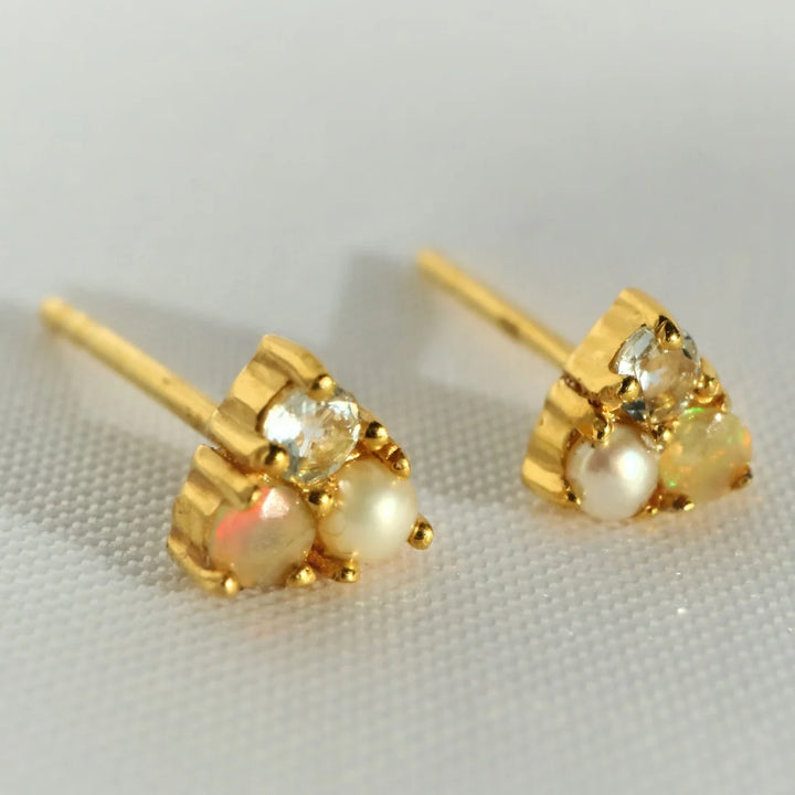 Ethiopian Opal & Aquamarine Trio Gold Earrings