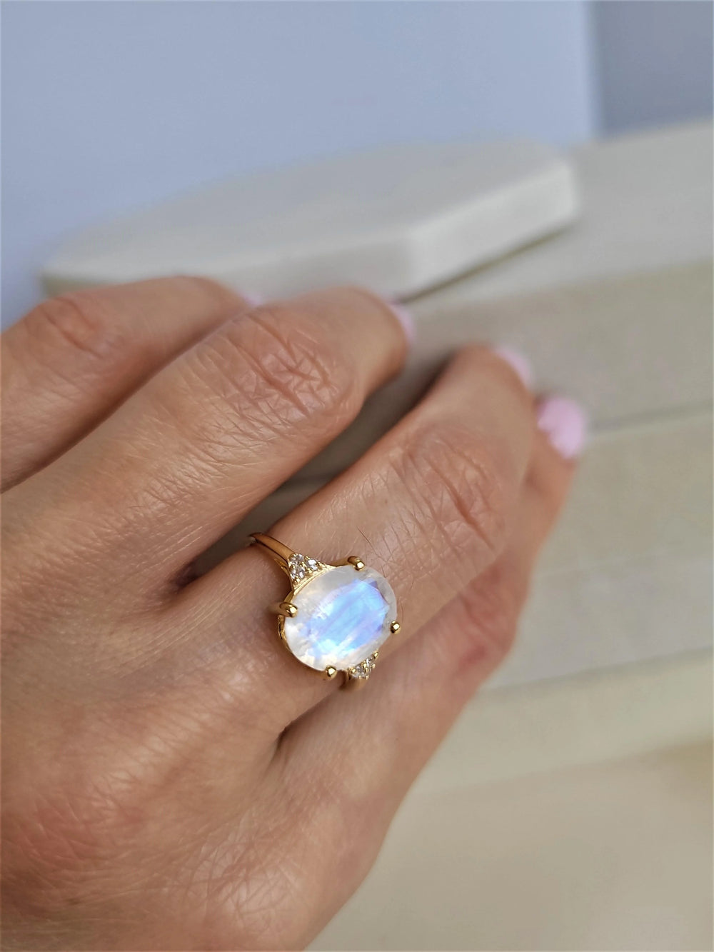 Promise Rainbow large oval Moonstone sterling Silver statement Ring