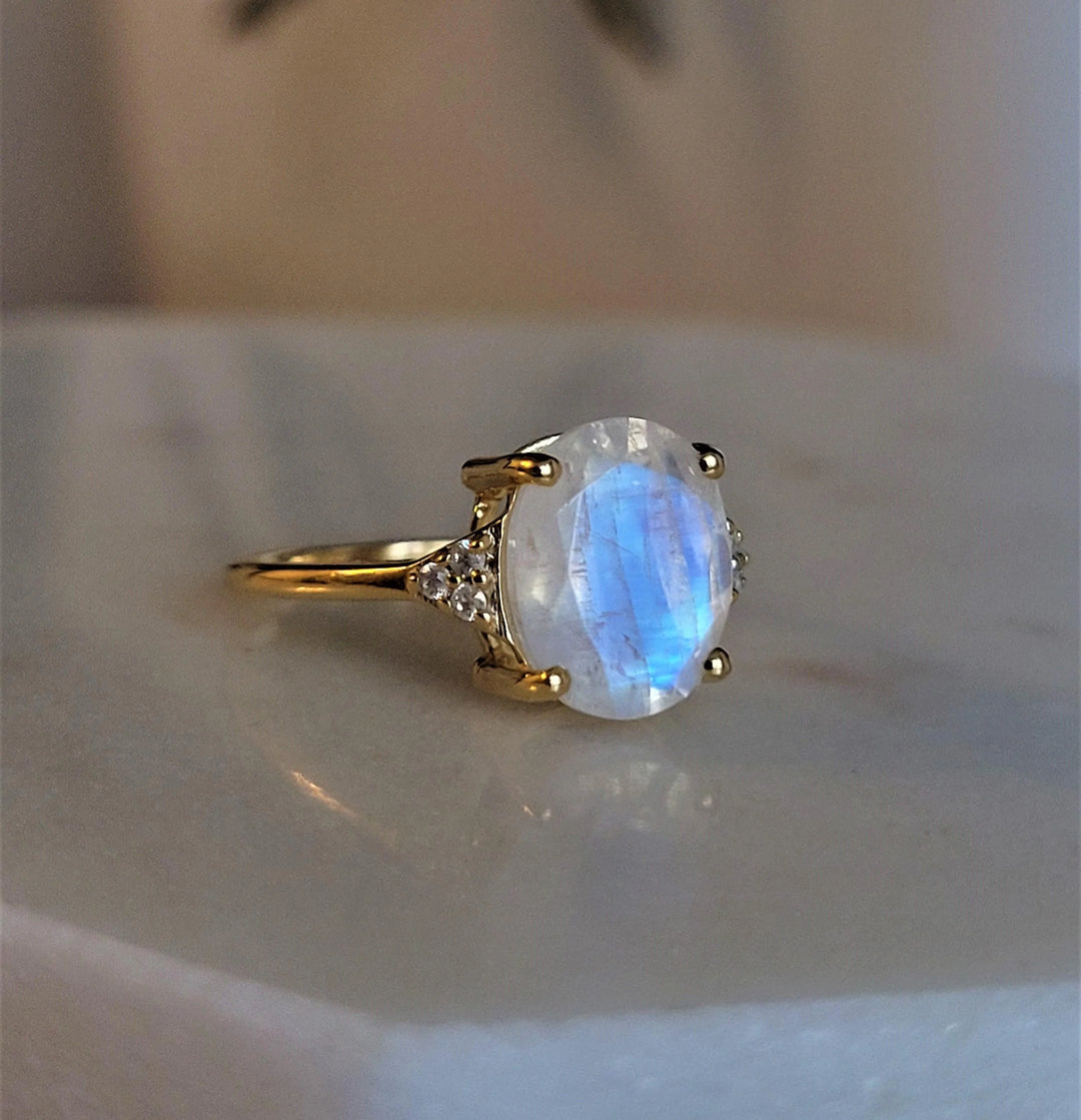 Promise Rainbow large oval Moonstone sterling Silver statement Ring
