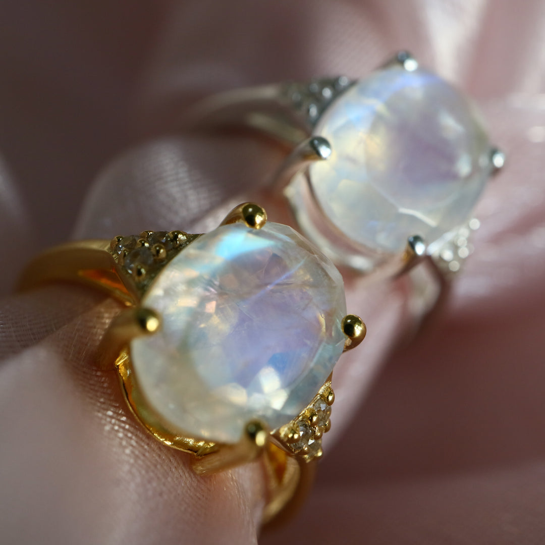 Promise Rainbow large oval Moonstone sterling Silver statement Ring