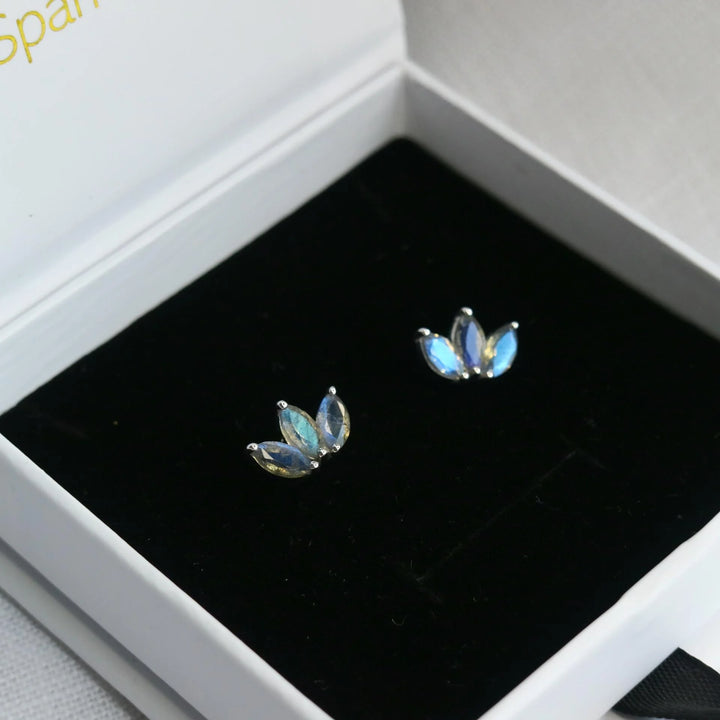 marquise labradorite 3 stones trio leaves silver stud earrings cartilage 