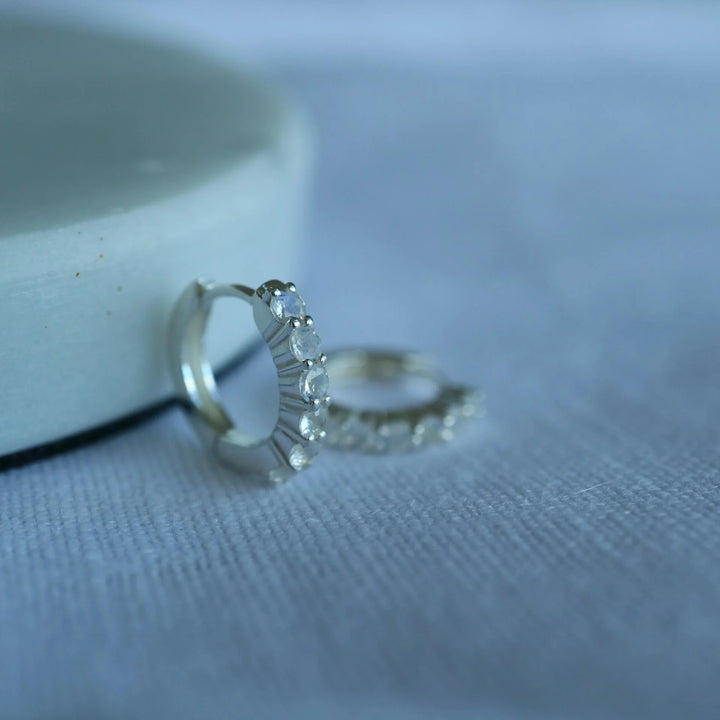 Rainbow moonstone dainty silver huggie hoop earrings