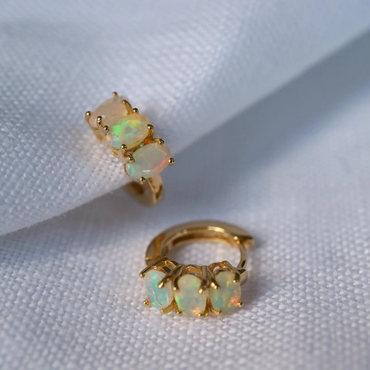 ehtiopian natural opal faceted dainty silver gold vermeil huggie hoop earrings gemstone