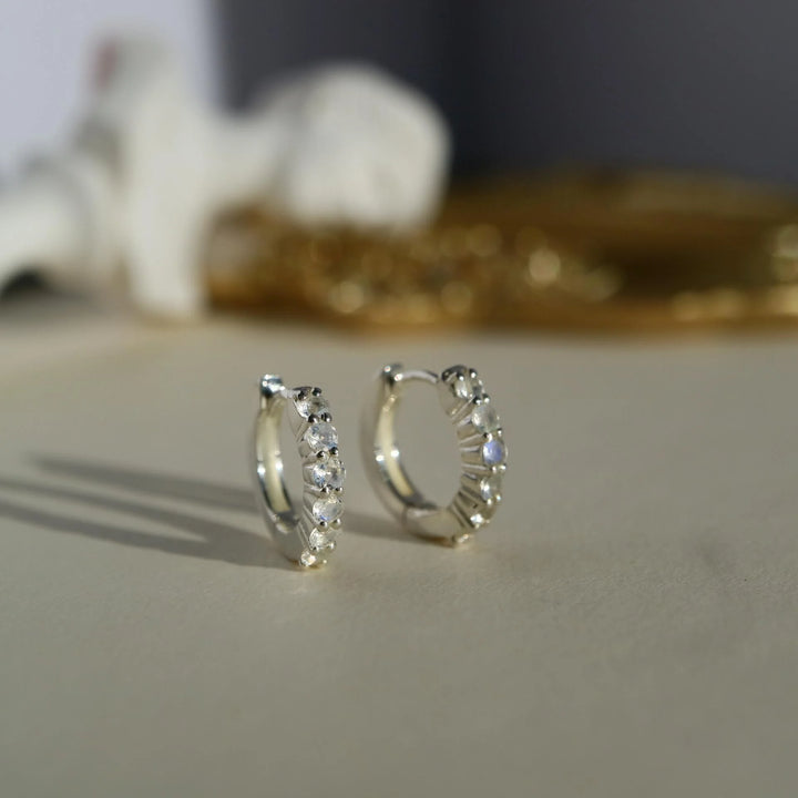 Rainbow moonstone dainty silver huggie hoop earrings