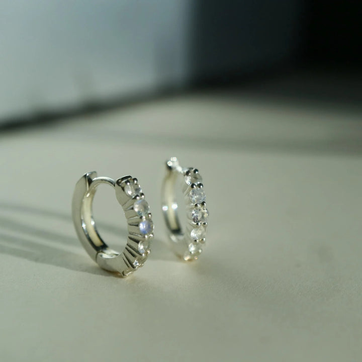 Rainbow moonstone dainty silver huggie hoop earrings