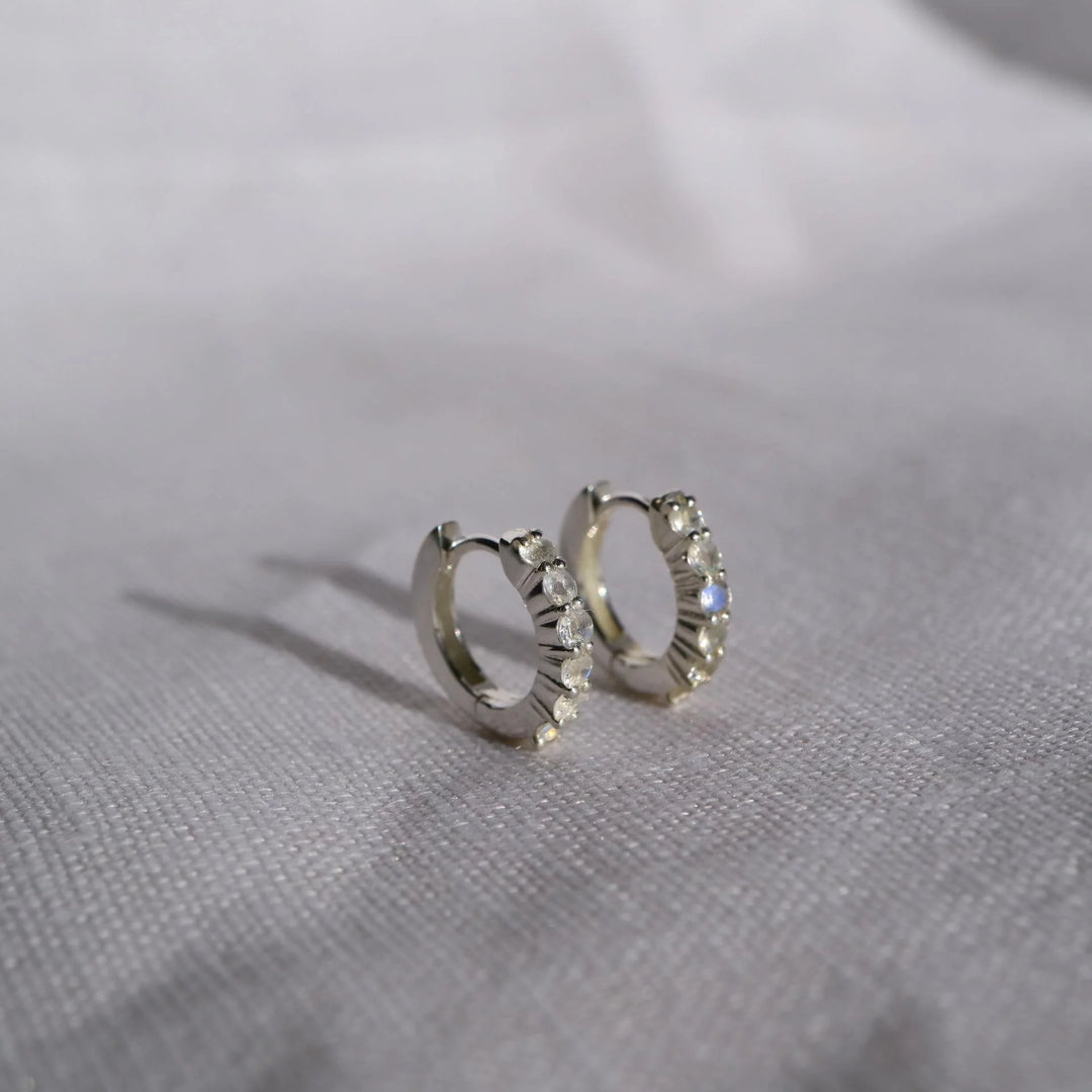 Rainbow moonstone dainty silver huggie hoop earrings