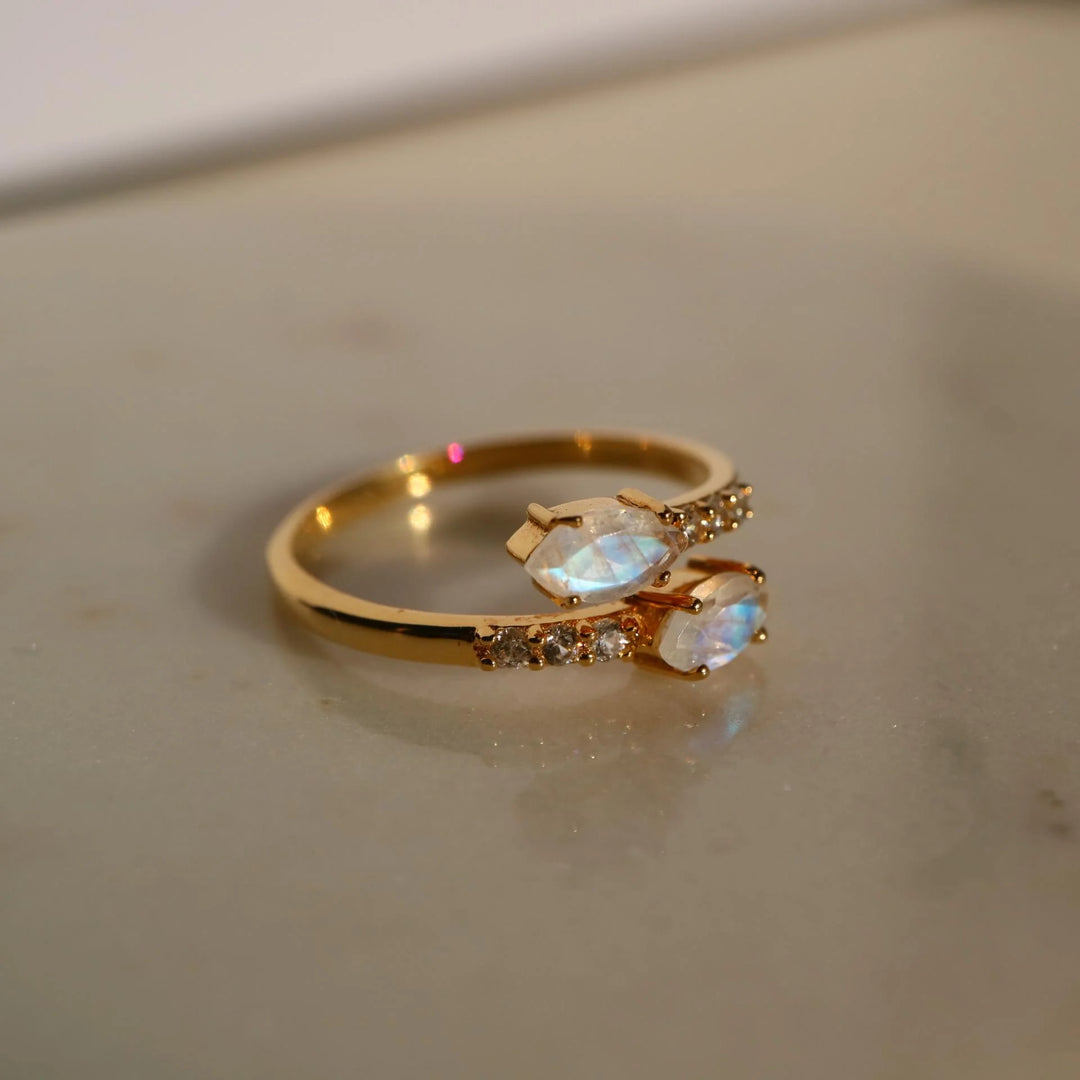  Marquise rainbow Moonstone Adjustable open silver Gold Ring