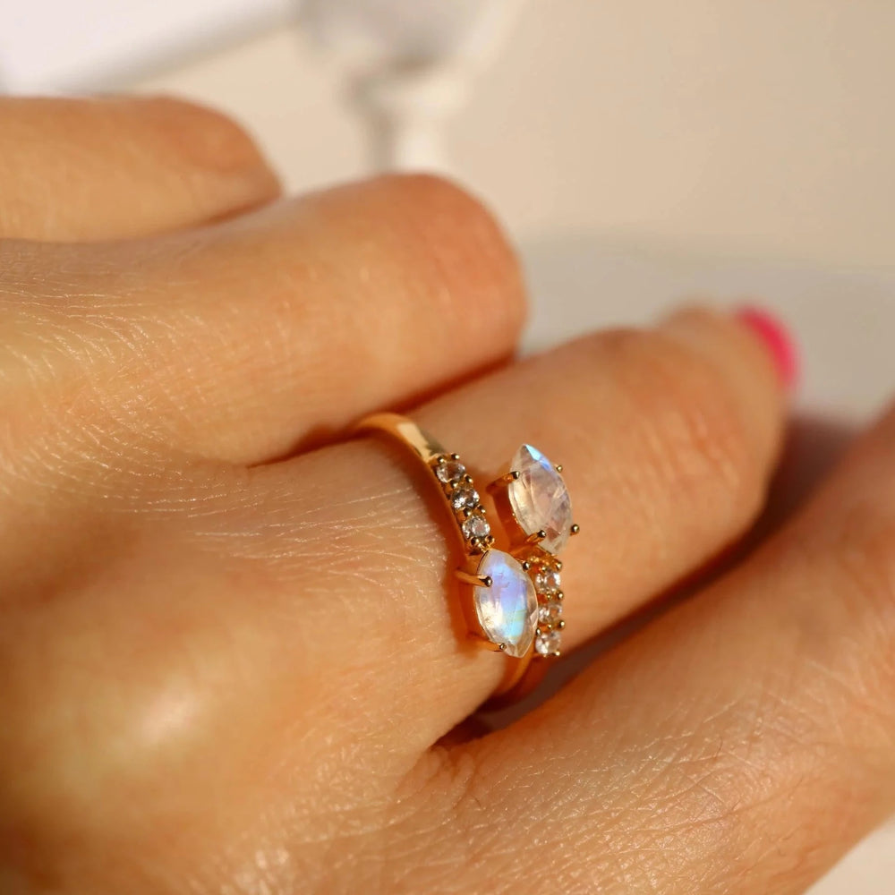  Marquise rainbow Moonstone Adjustable open silver Gold Ring