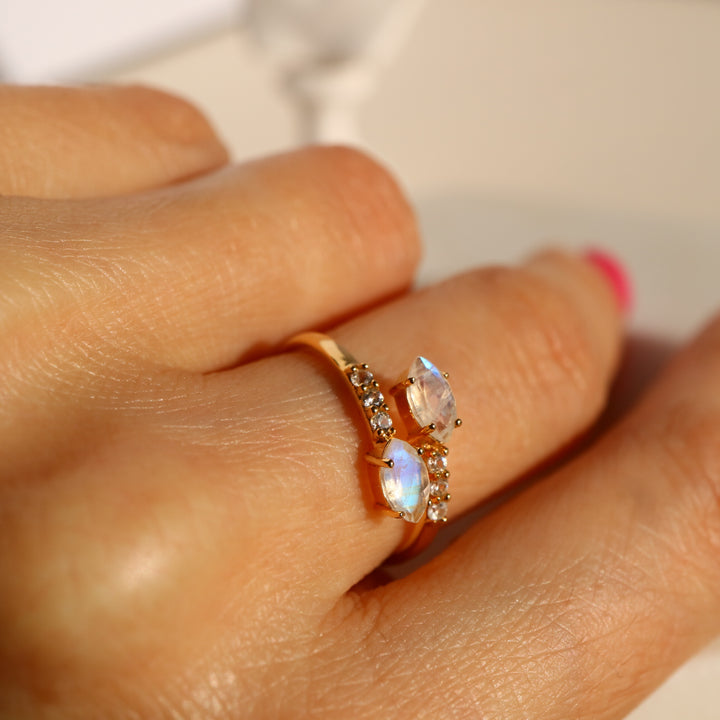 Marquise Moonstone Adjustable Open Silver Ring