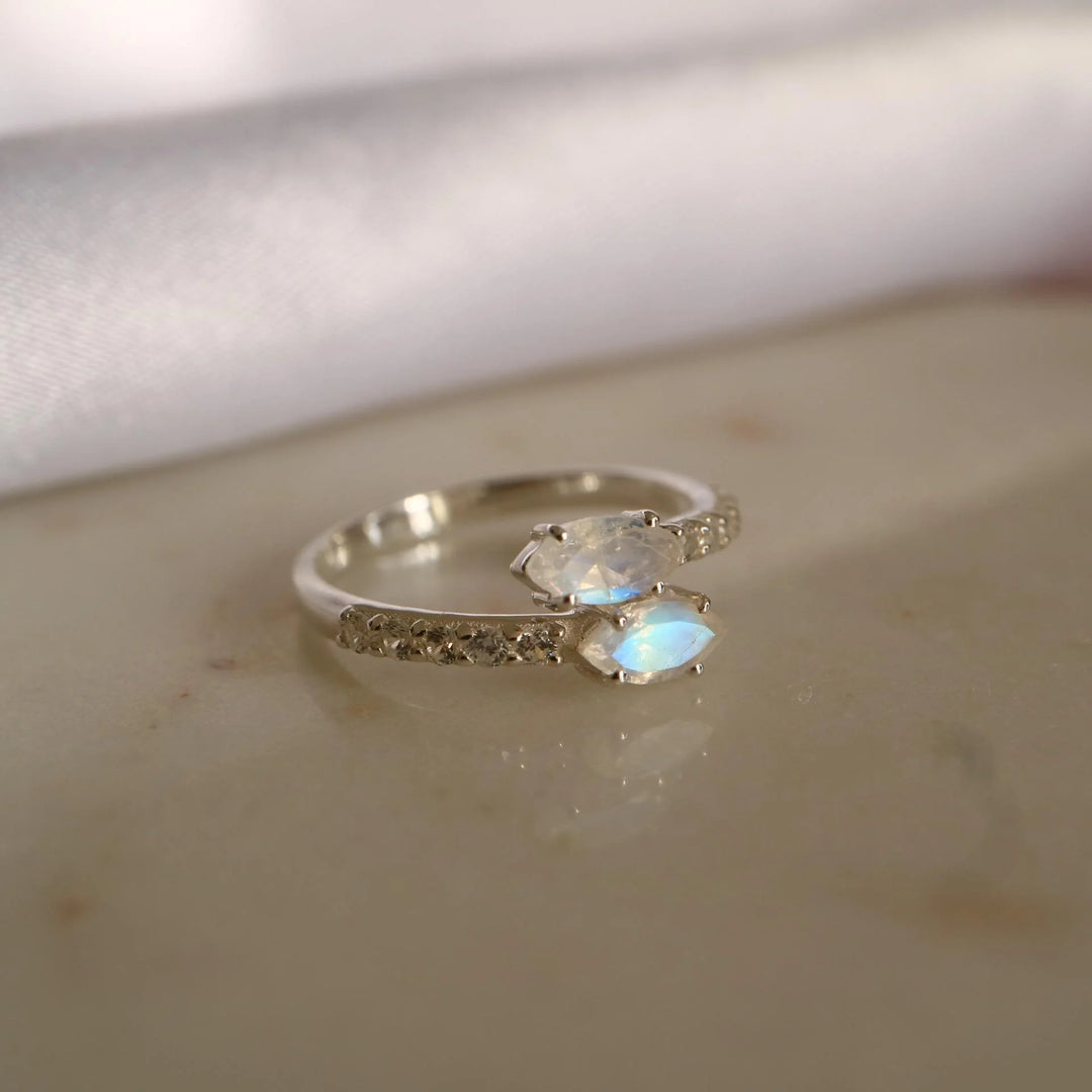 Marquise Moonstone Adjustable Open Silver Ring