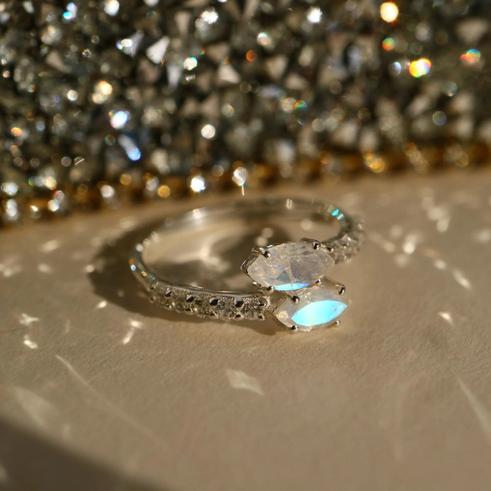 Marquise Moonstone Adjustable Open Silver Ring