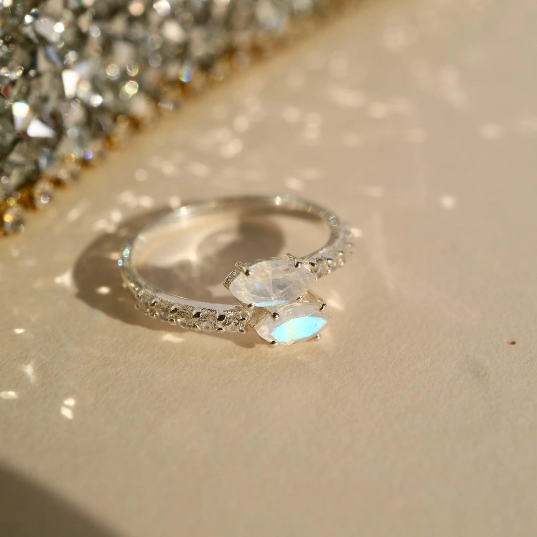 Marquise Moonstone Adjustable Open Silver Ring