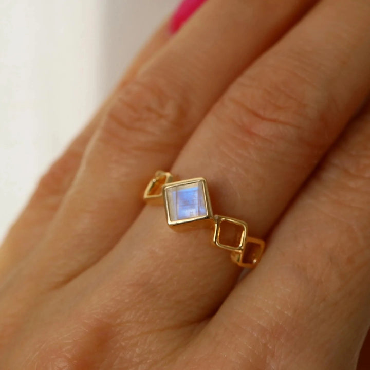 Square rainbow Moonstone Gold Vermeil over silver stacking Ring 