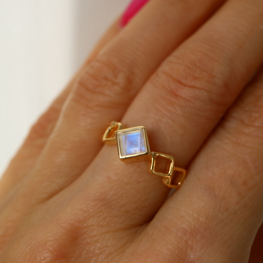 Square rainbow Moonstone  silver stacking Ring 